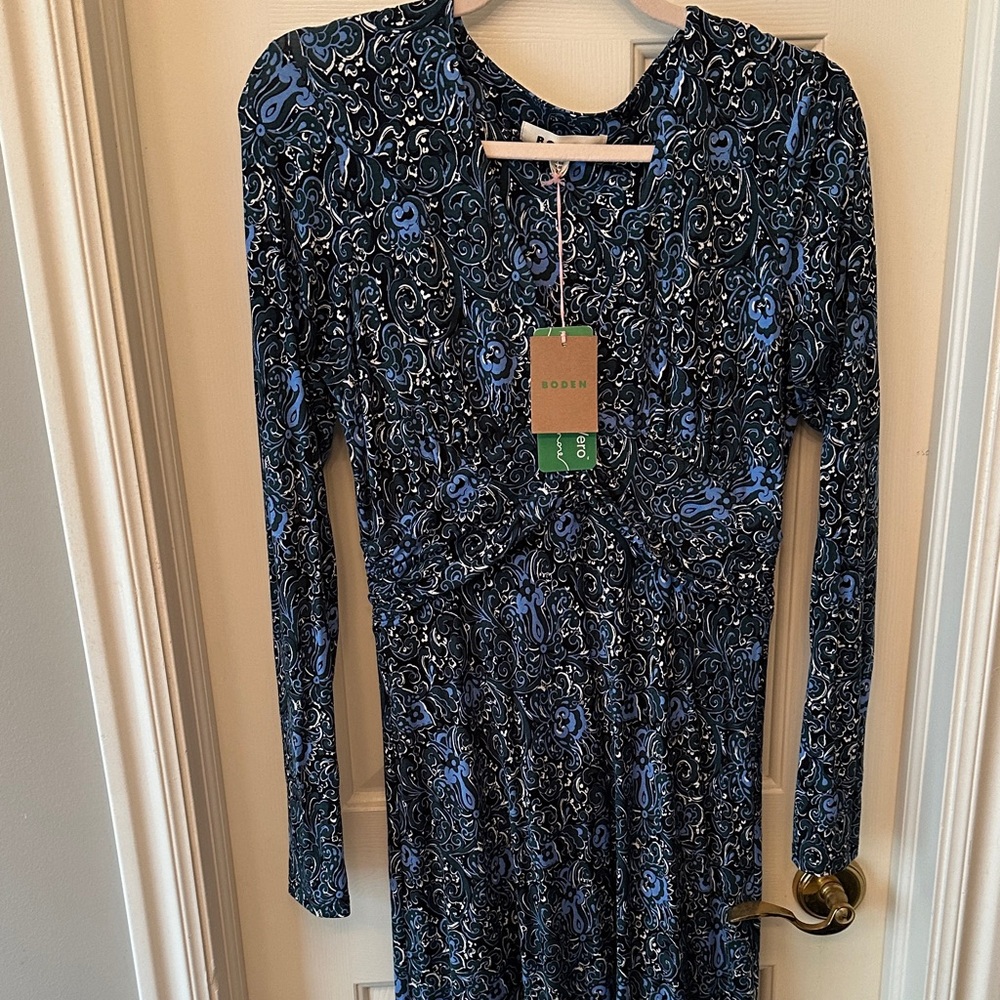 Boden Elegant Blue and Black Long Sleeve Dress